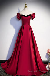 Burgundy Satin Long Prom Dress, Simple A-Line Evening Party Dress